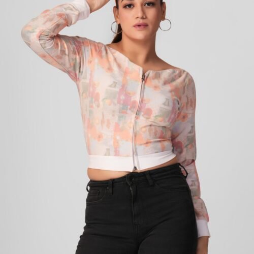 Sheer Floral Zip-Up Cropped Jacket - Image 6