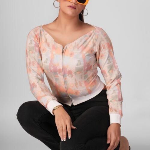 Sheer Floral Zip-Up Cropped Jacket - Image 5